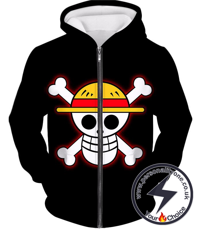 One Piece Pirate Crew Straw Hat Logo Cool Black Zip Up Hoodie